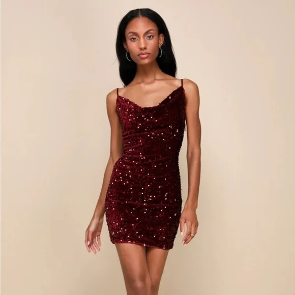 NWT Sparkle Burgundy Velvet Sequin Cowl Neck Mini Dress Size L