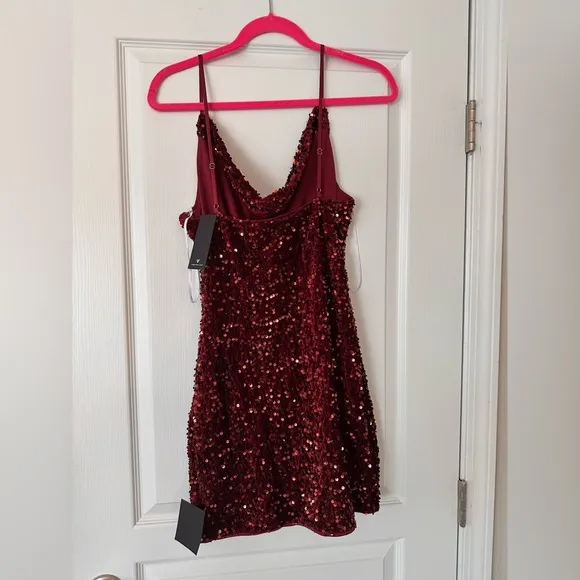 NWT Sparkle Burgundy Velvet Sequin Cowl Neck Mini Dress Size L