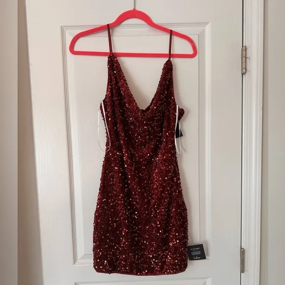 NWT Sparkle Burgundy Velvet Sequin Cowl Neck Mini Dress Size L