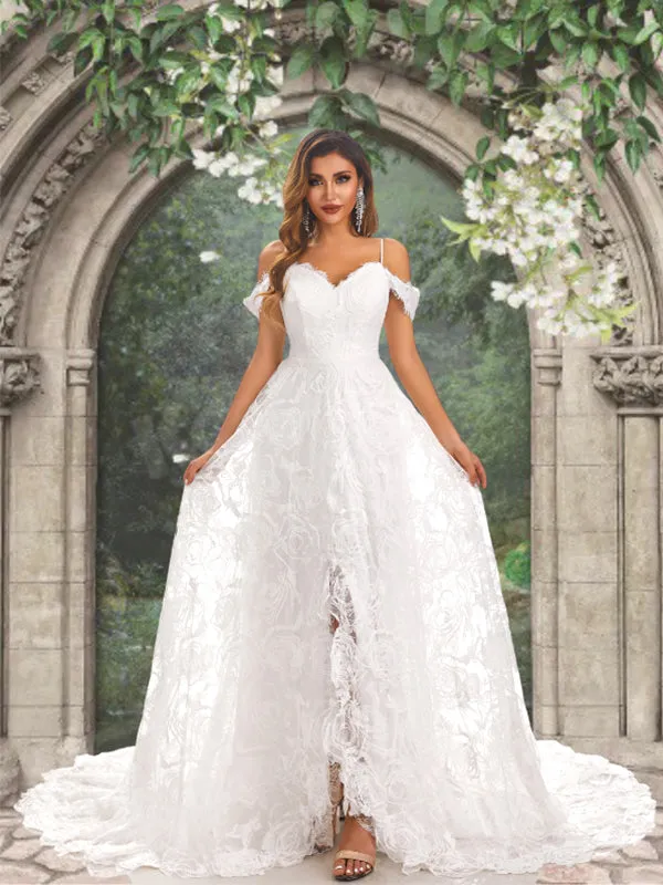 Off-shoulder Bohemian Lace Open Back A-line Long Wedding Dress, WD3096