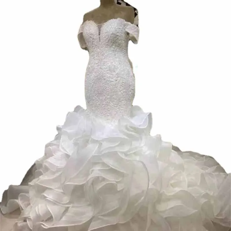 Off Shoulder Bridal Ball Gown Sleeves Mermaid Wedding Dresses with Ruffles Train