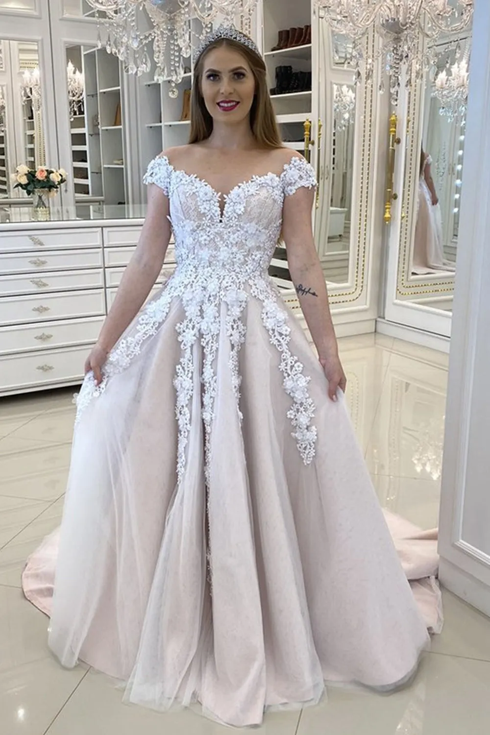 Off Shoulder Champagne Lace Long Prom Dress, Off Shoulder Champagne Formal Dress, Champagne Lace Evening Dress A1359
