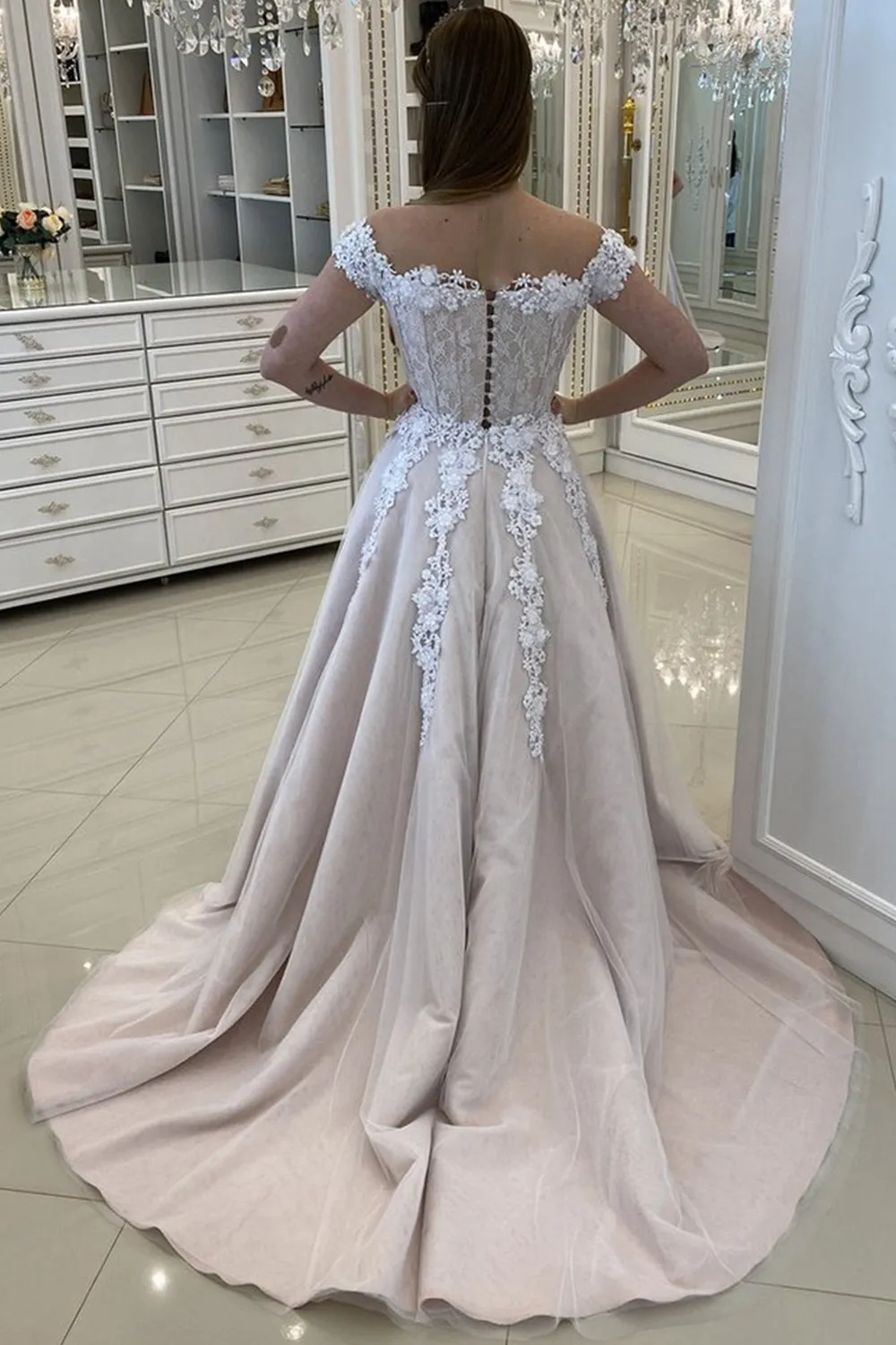 Off Shoulder Champagne Lace Long Prom Dress, Off Shoulder Champagne Formal Dress, Champagne Lace Evening Dress A1359
