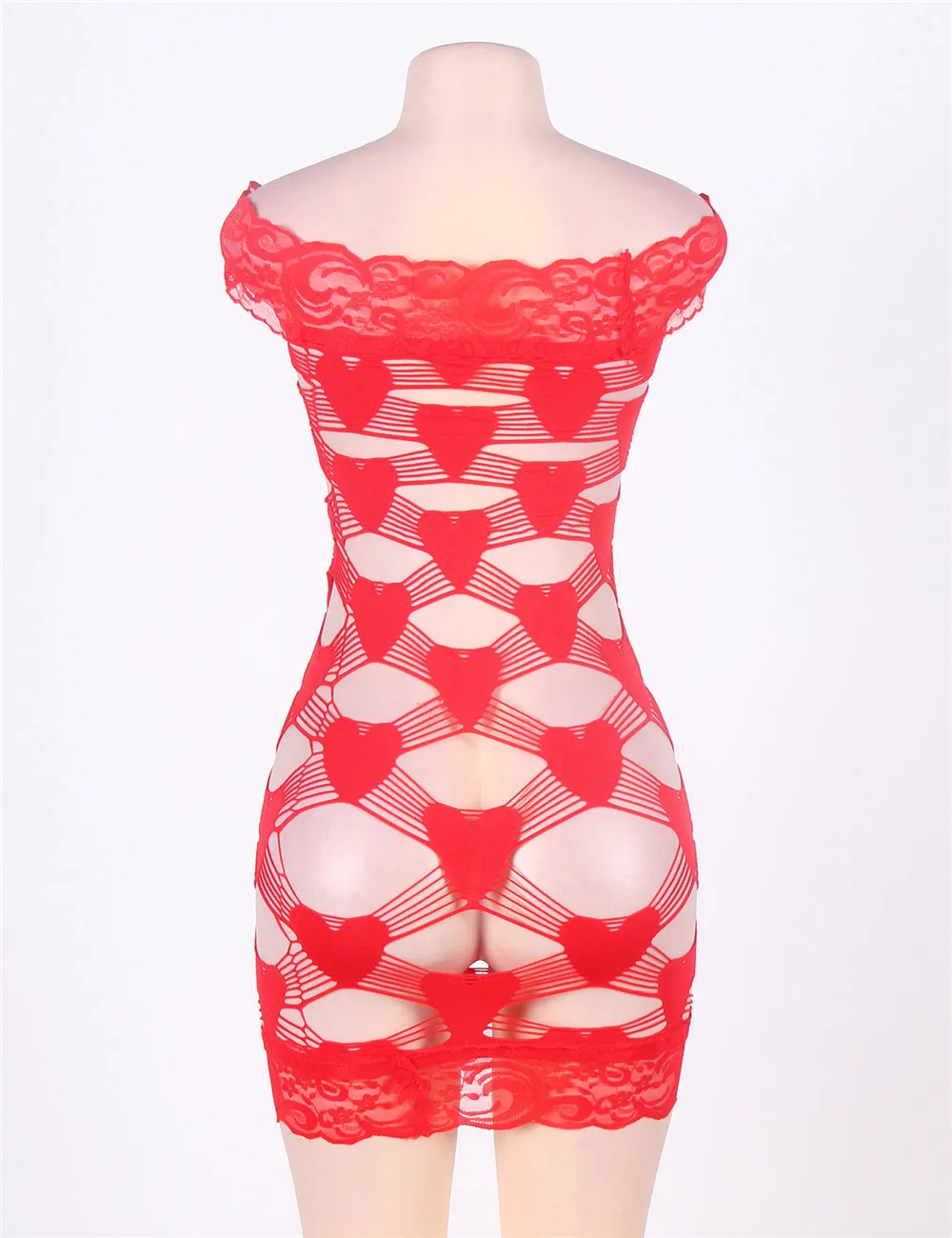 Off Shoulder Fence Net Red Bodystocking