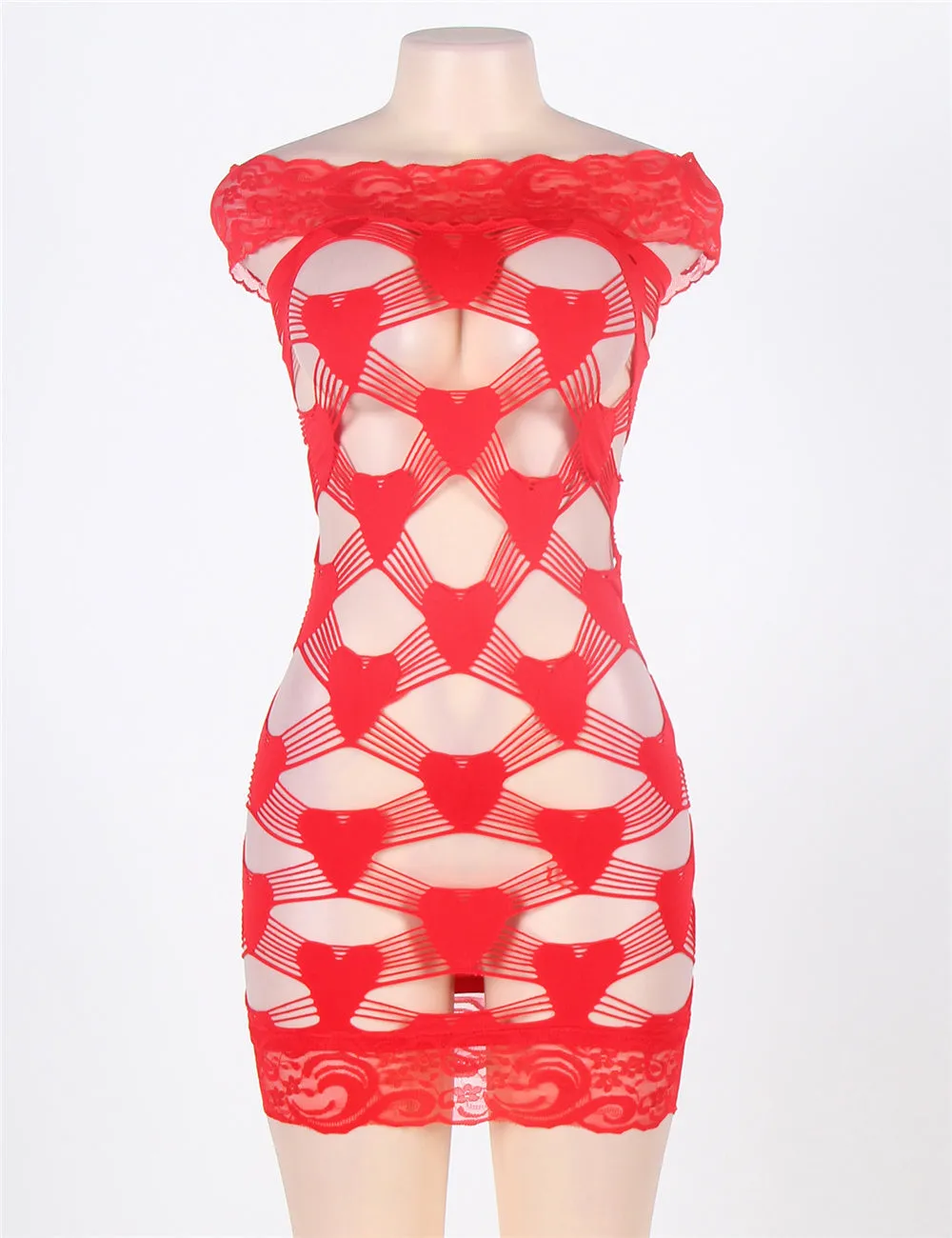Off Shoulder Fence Net Red Bodystocking