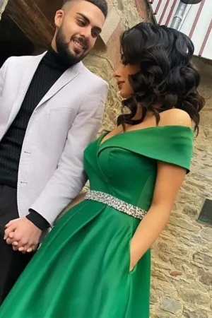 Off Shoulder Green Satin Long Prom Dress with Belt, Long Green Satin Formal Graduation Evening Dress A1342