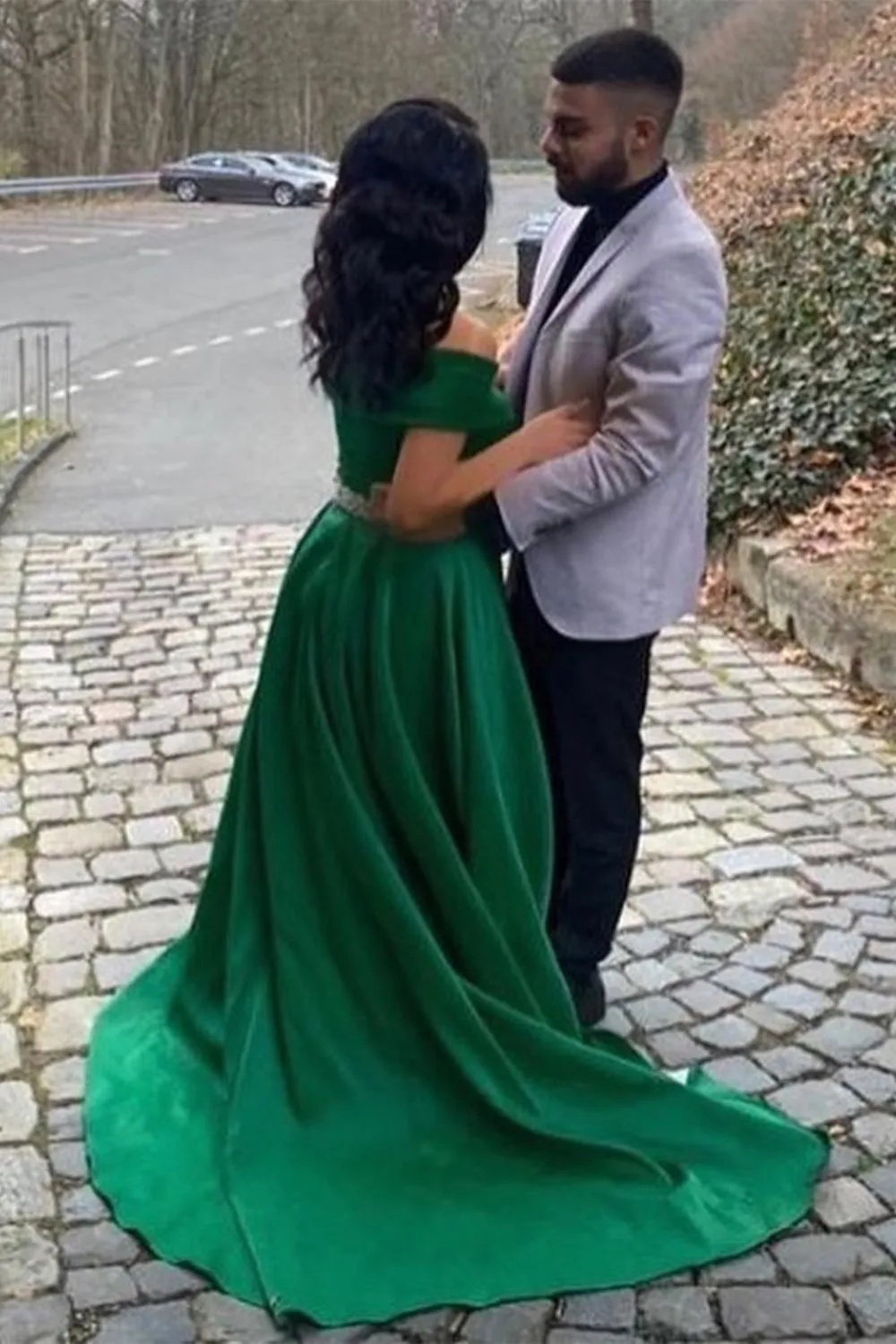 Off Shoulder Green Satin Long Prom Dress with Belt, Long Green Satin Formal Graduation Evening Dress A1342