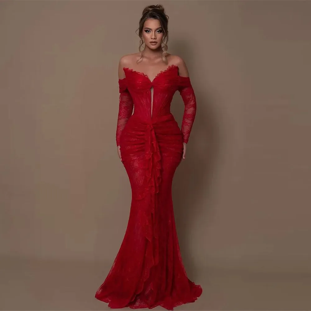 Off Shoulder Long Sleeve Lace Maxi Bodycon Dress HT1108