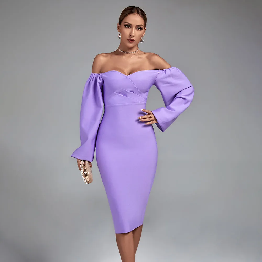 Off Shoulder Long Sleeve Midi Bandage Dress