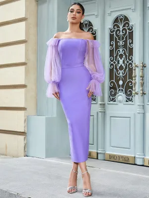 Off Shoulder Long Sleeve Tulle Midi Bandage Dress HB100041