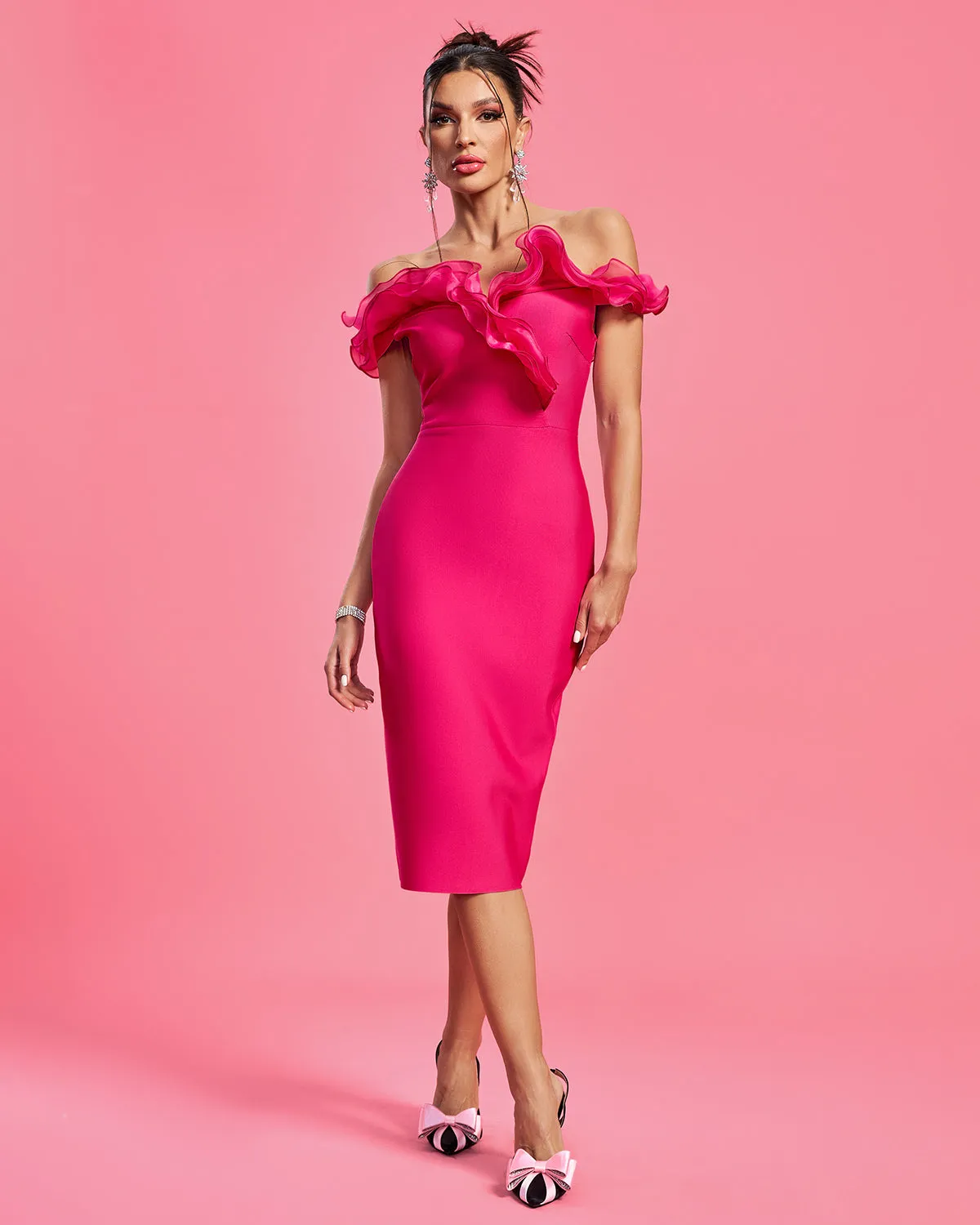 Off Shoulder Multilayer Ruffle Bandage Dress