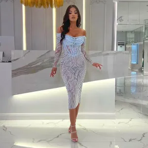 Off Shoulder Pearl Over Knee Bodycon Dress HT953