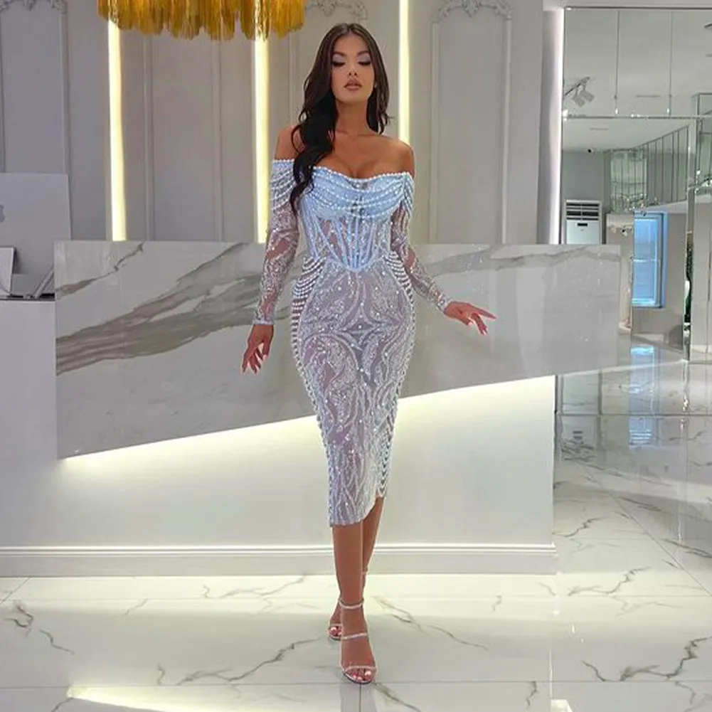Off Shoulder Pearl Over Knee Bodycon Dress HT953