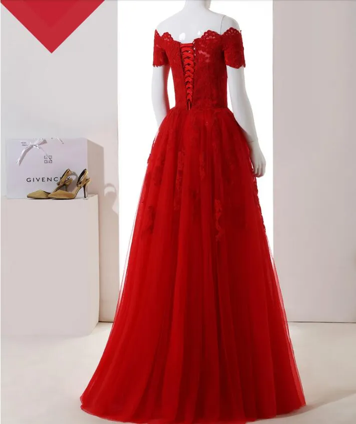 Off Shoulder Red Lace Prom/Evening Dress with Half Sleeve,Lace Up Evening Formal Dress with Lace Applique