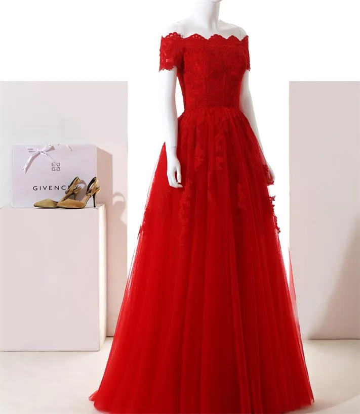 Off Shoulder Red Lace Prom/Evening Dress with Half Sleeve,Lace Up Evening Formal Dress with Lace Applique