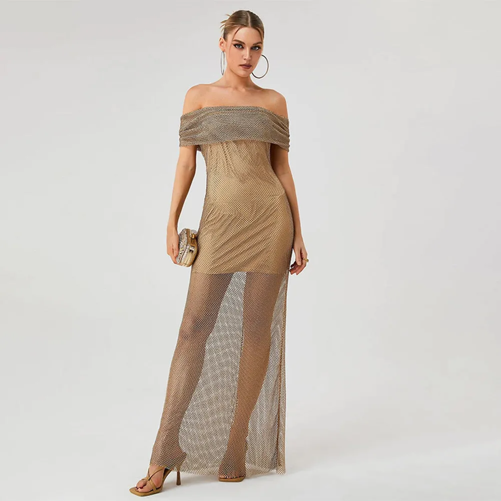 Off Shoulder Rhinestone Maxi Bodycon Dress PZC2430