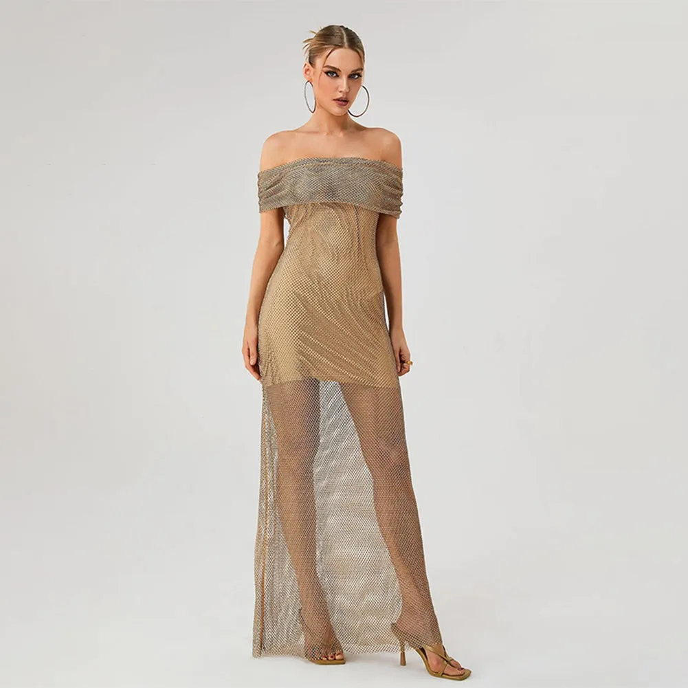 Off Shoulder Rhinestone Maxi Bodycon Dress PZC2430