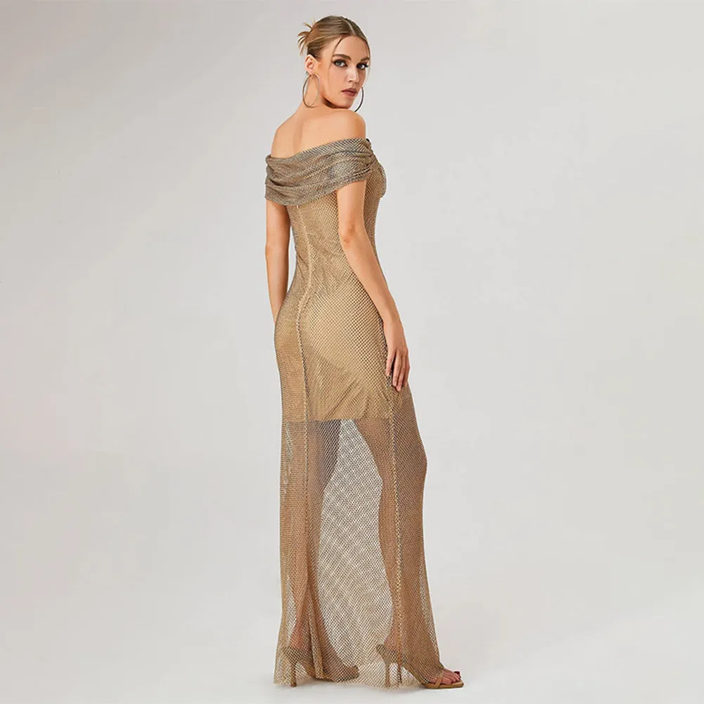Off Shoulder Rhinestone Maxi Bodycon Dress PZC2430