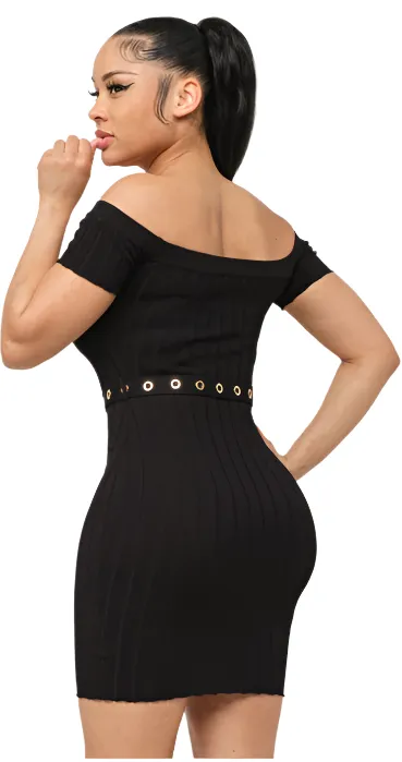 Off Shoulder Ribbed Dress Black