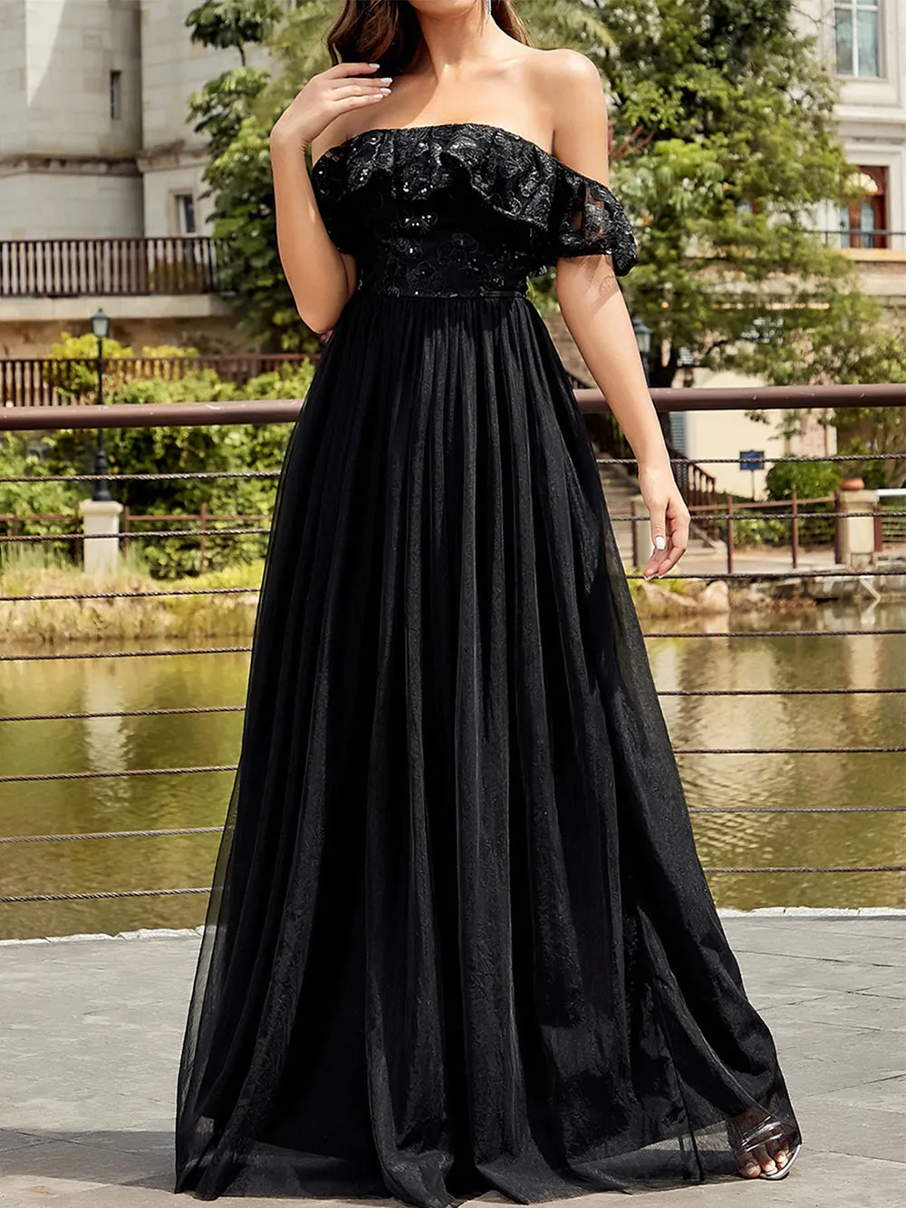 Off Shoulder Ruffle Maxi Bodycon Dress HB00490
