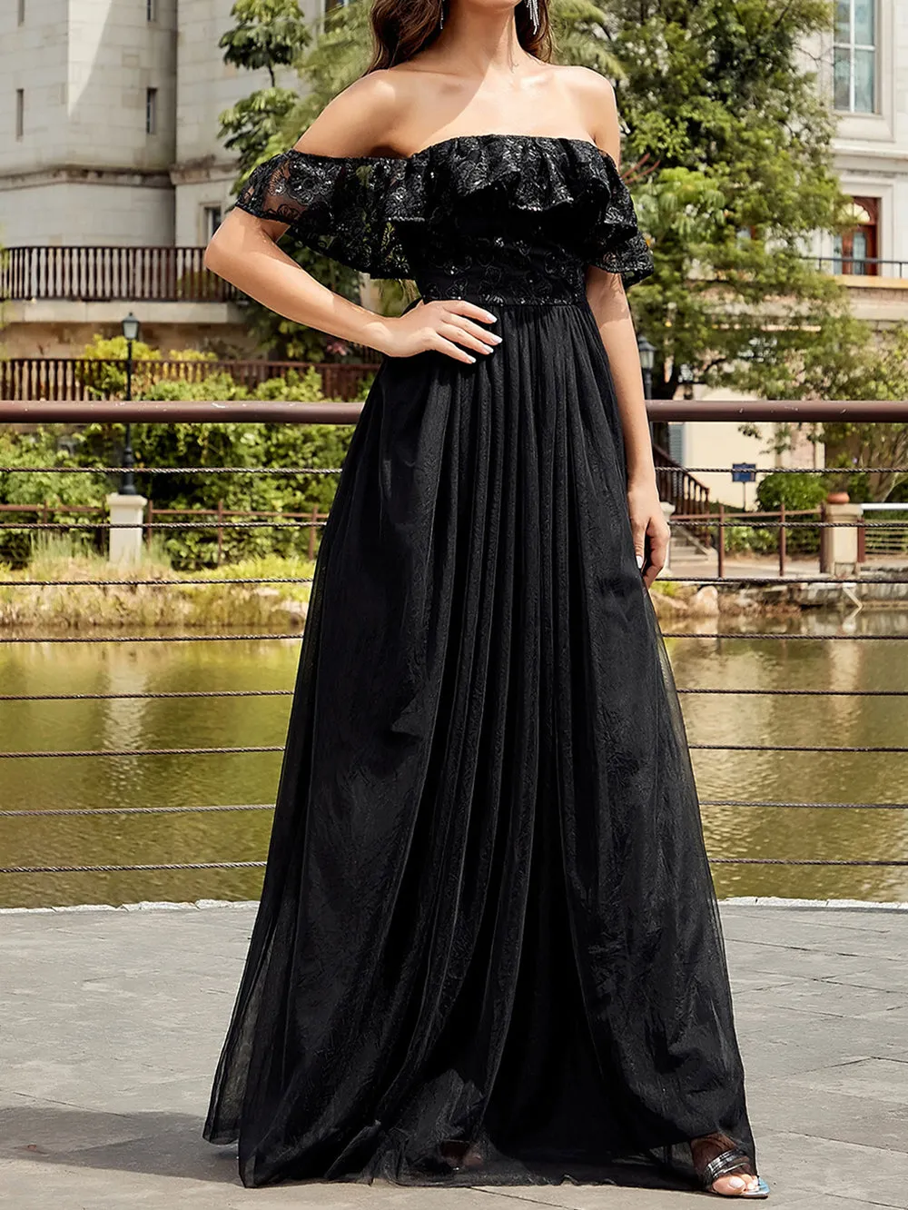Off Shoulder Ruffle Maxi Bodycon Dress HB00490