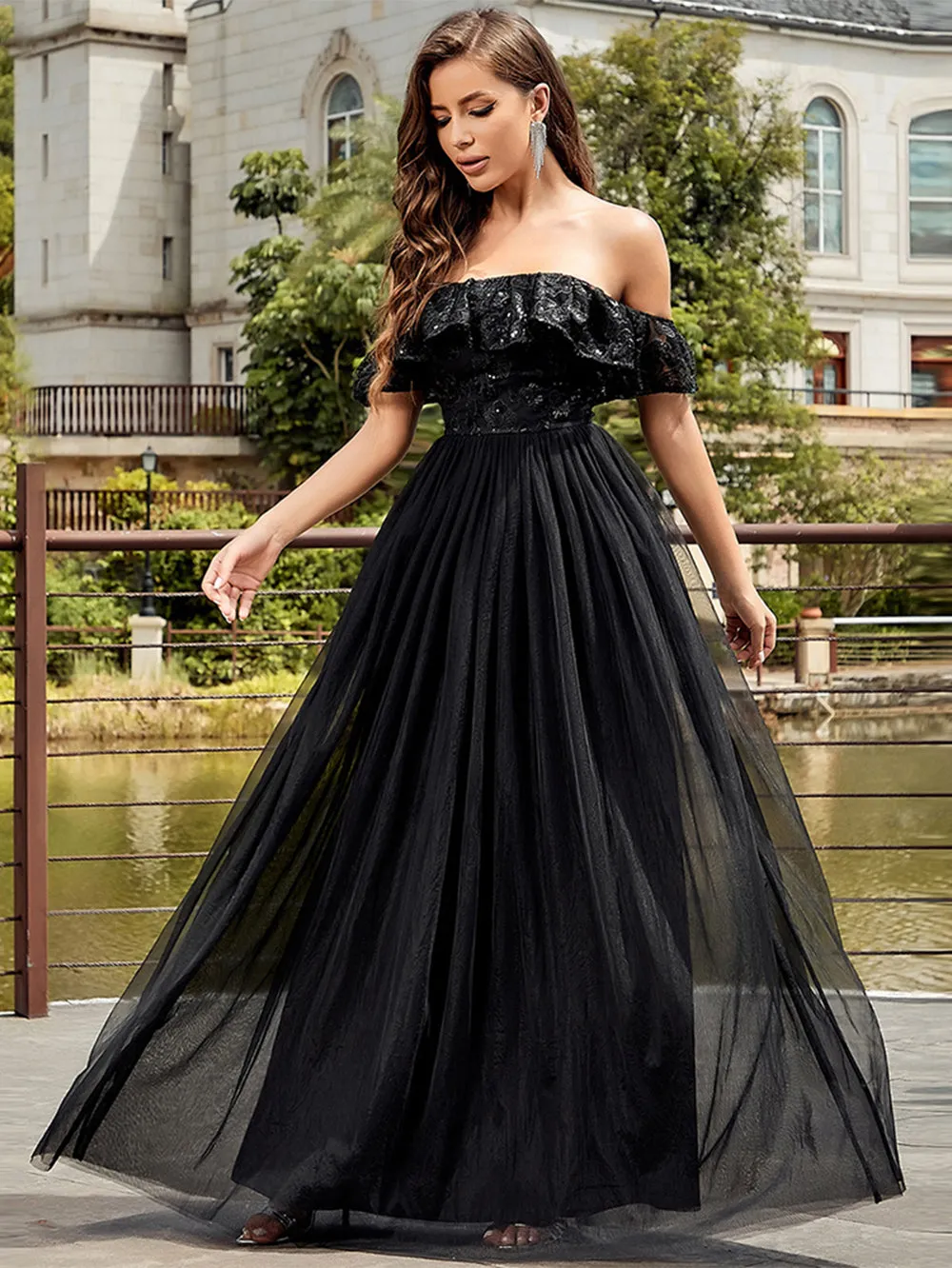 Off Shoulder Ruffle Maxi Bodycon Dress HB00490