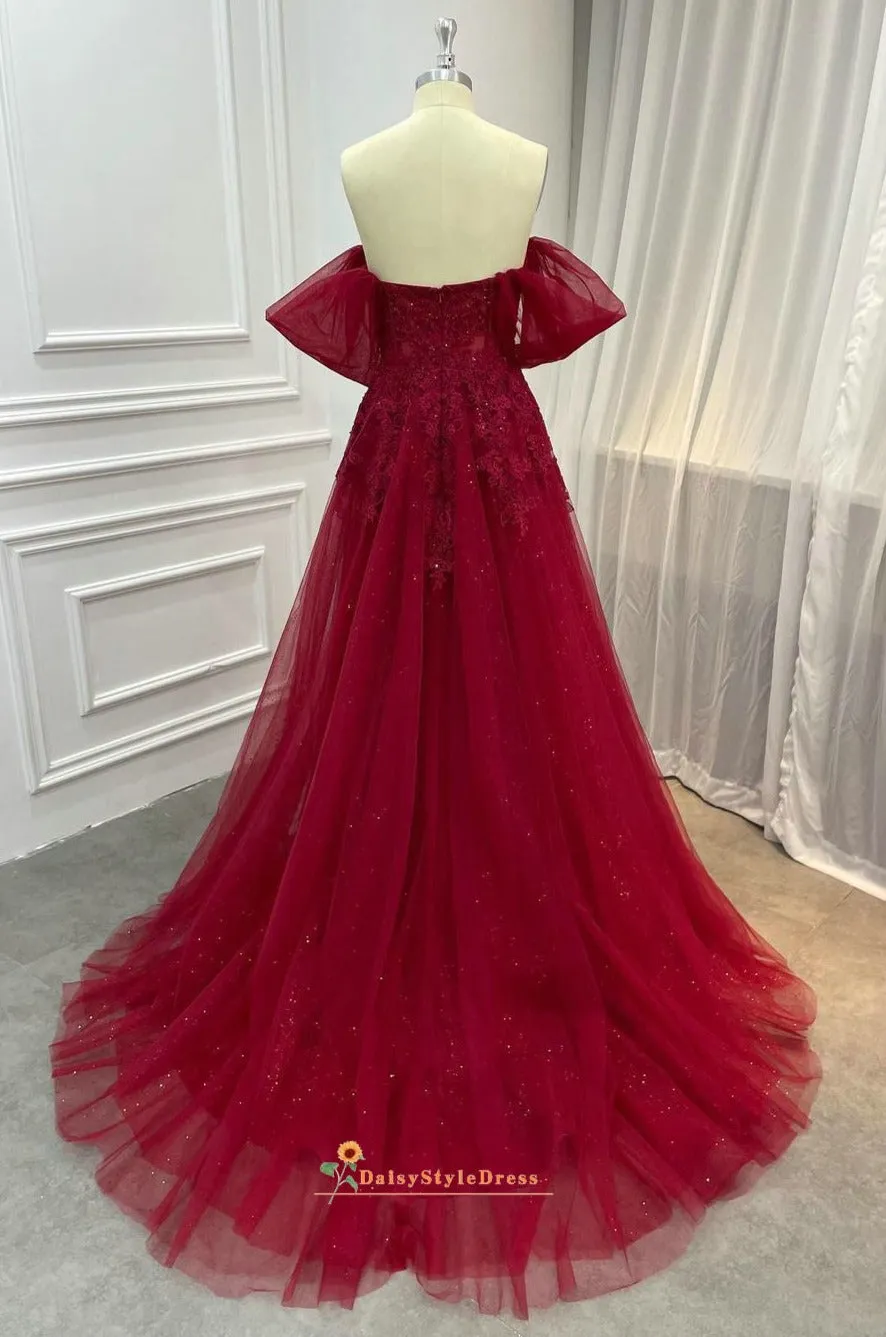 Off Shoulder Sleeve Sparkle Burgundy Prom Dress