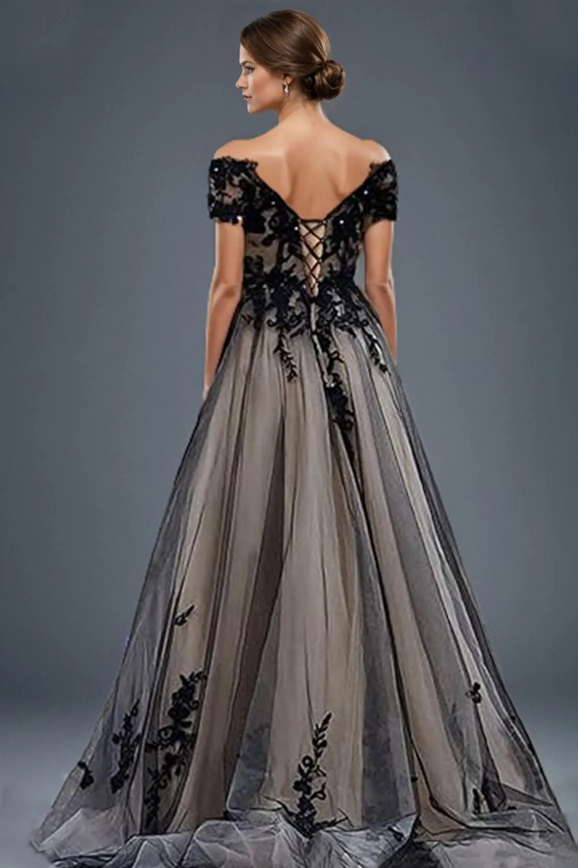 Off The Shoulder Appliques Black Tulle A Line Prom Dress