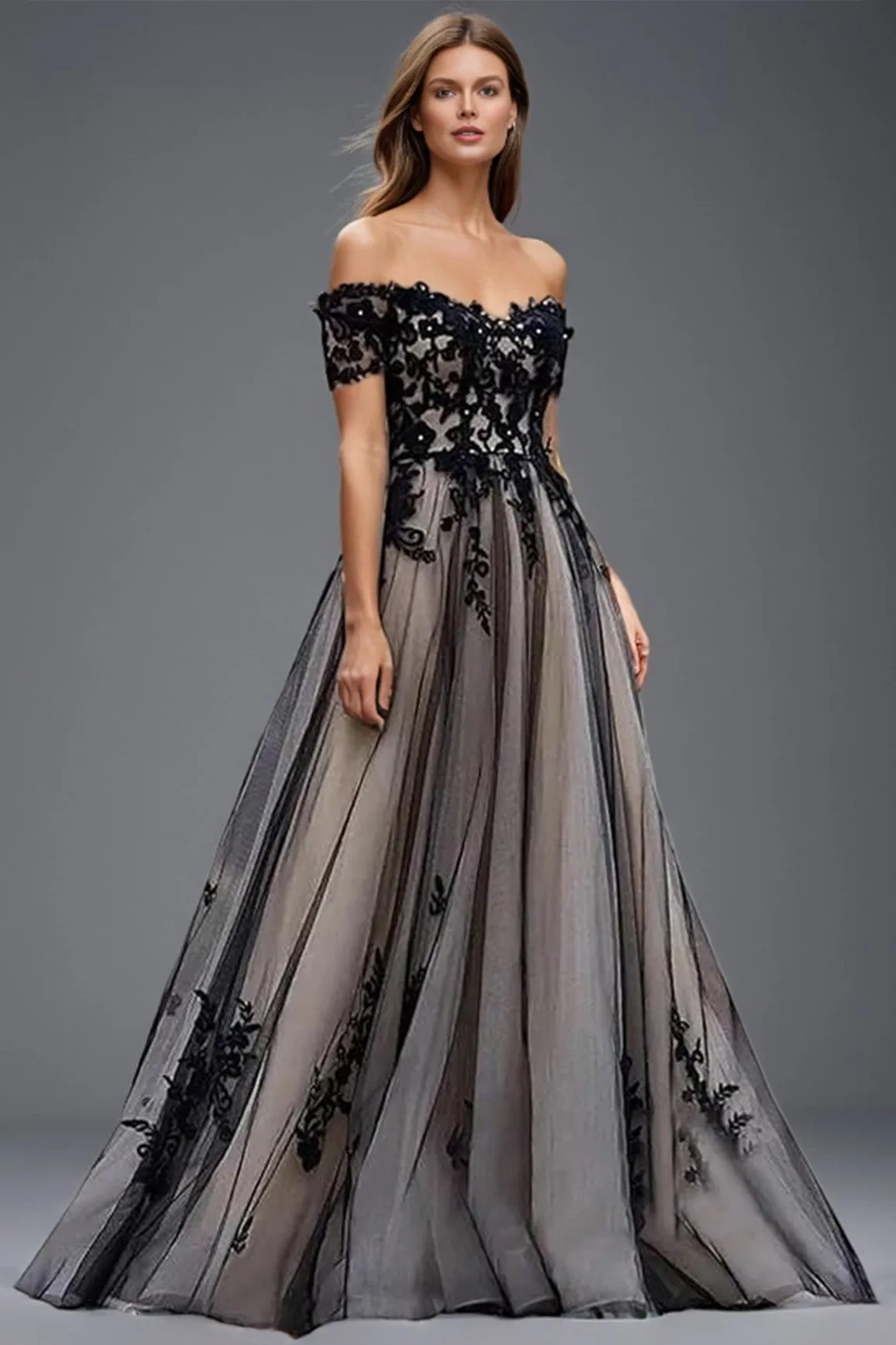 Off The Shoulder Appliques Black Tulle A Line Prom Dress