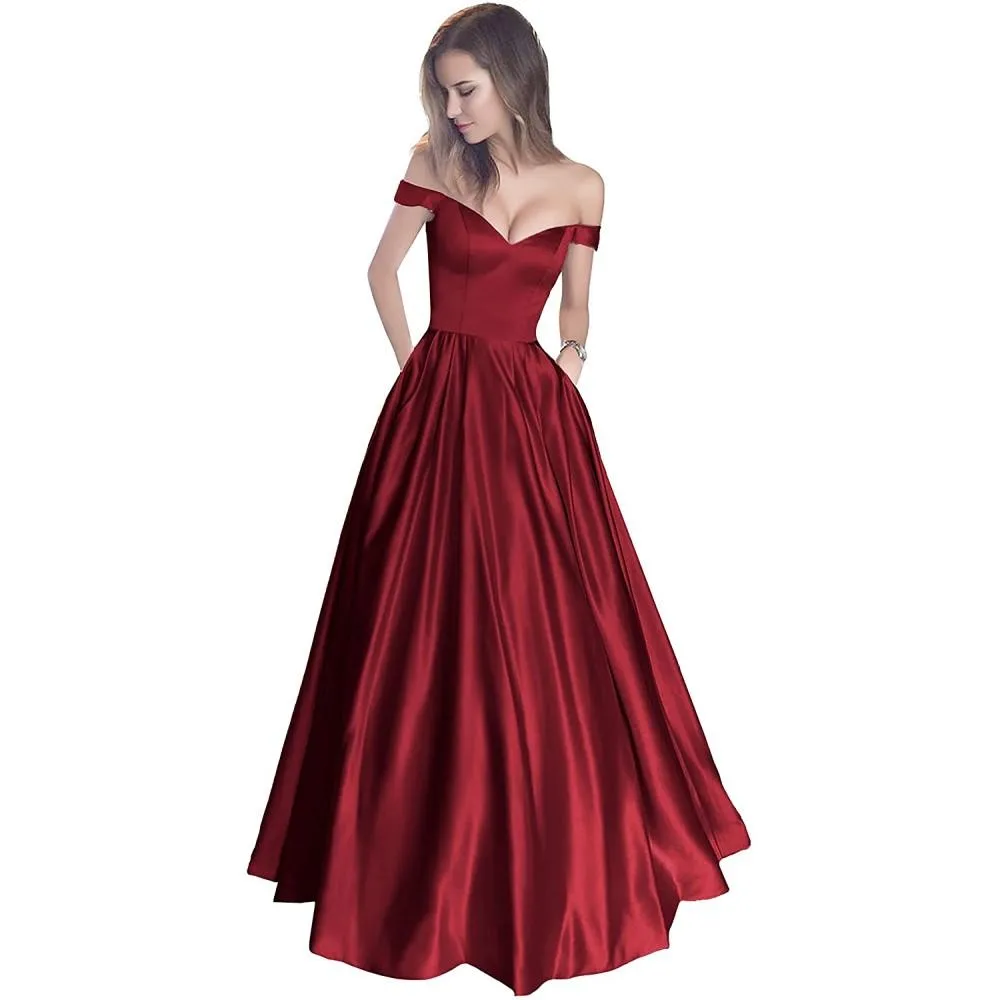 Off The Shoulder Satin Wedding Dress Beaded A.Line Prom Dress with Pocket