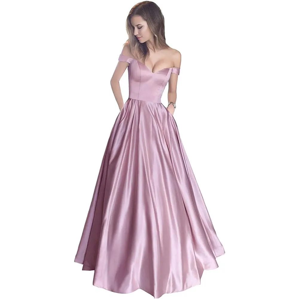 Off The Shoulder Satin Wedding Dress Beaded A.Line Prom Dress with Pocket