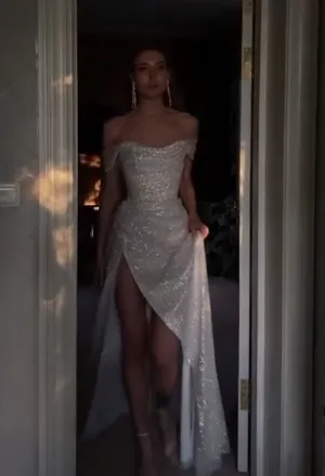 Off The Shoulder Shiny Prom Dress,Sequin Evening Dress    fg4681