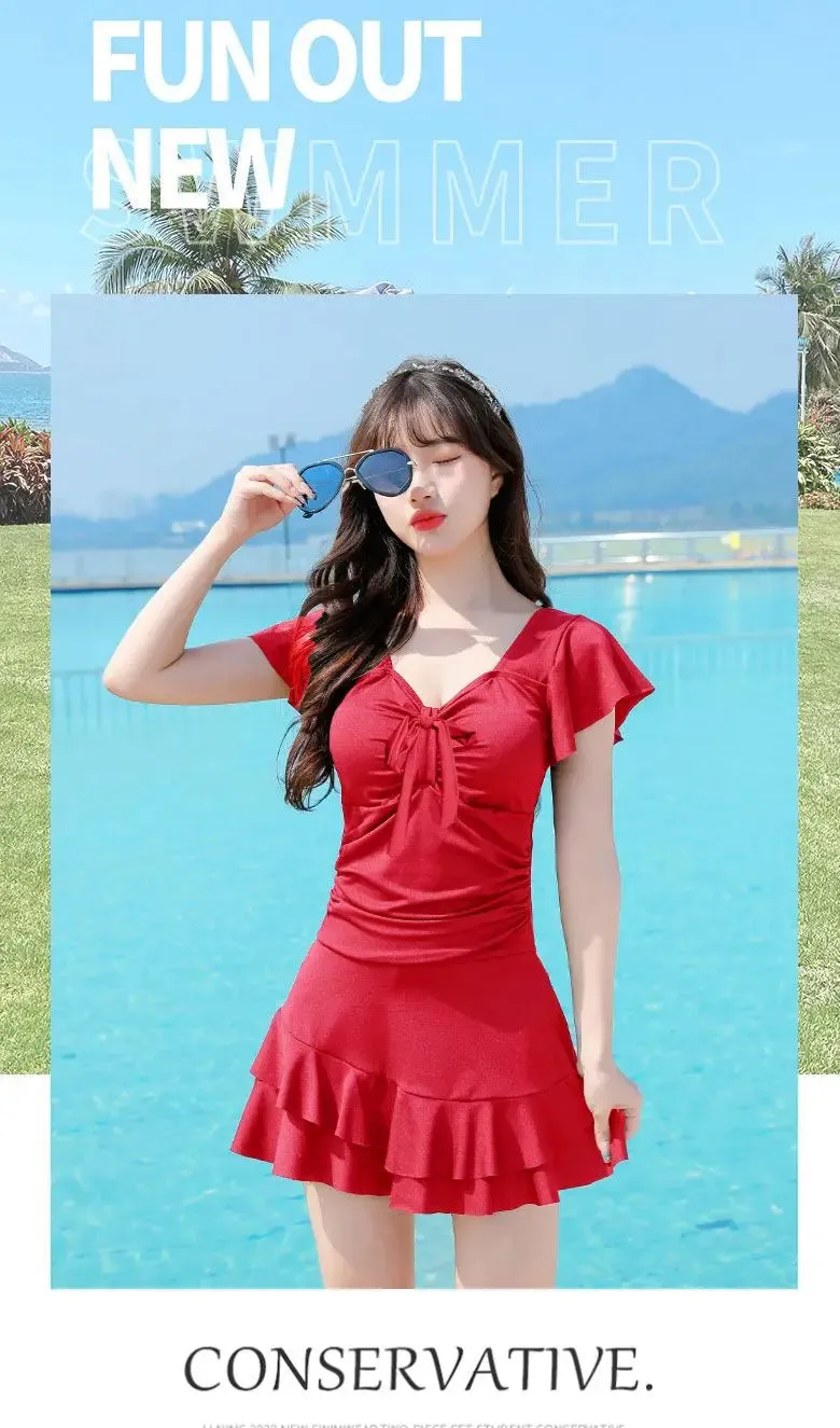One Piece Swimsuit Ruffled Bow Lace Summer Dress