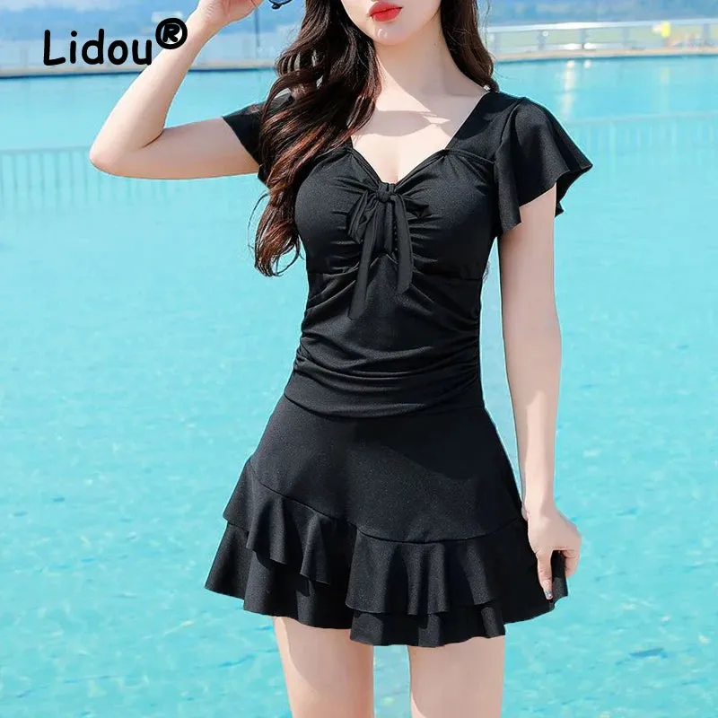 One Piece Swimsuit Ruffled Bow Lace Summer Dress