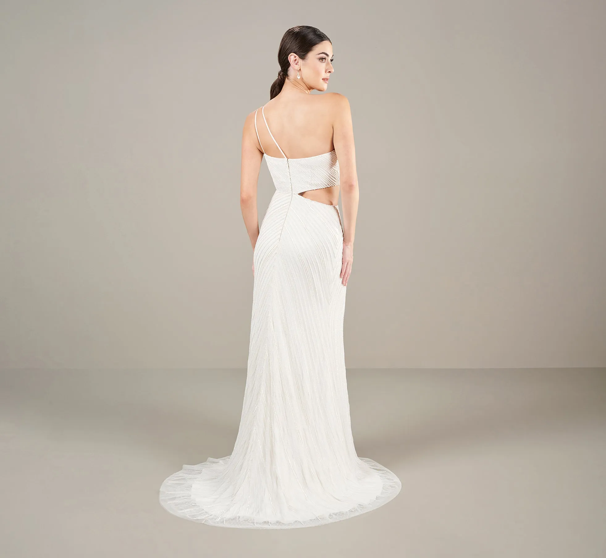 One Shoulder All Over Beaded Gown In Ivory
