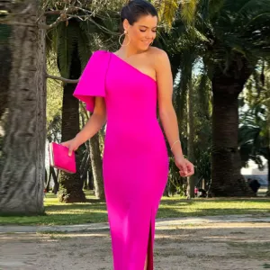 One Shoulder Side Slit Midi Bandage Dress