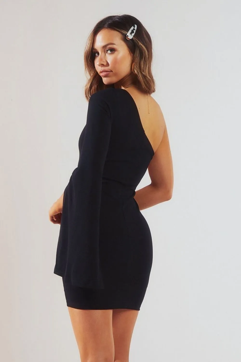 One Shoulder Split Sleeve Mini Dress Black