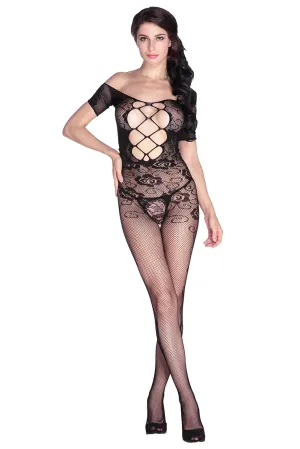 Open Crotch Rose Pattern Lace Body Stockings