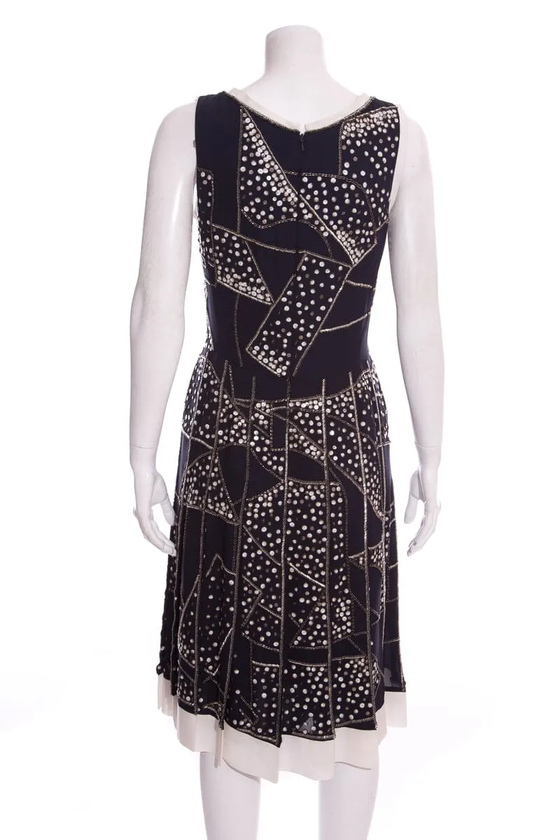 Oscar de la Renta Navy and White Beaded Dress SZ 6