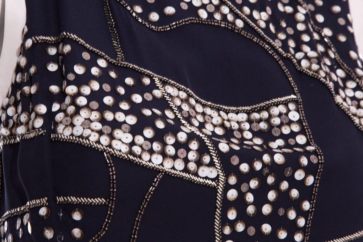 Oscar de la Renta Navy and White Beaded Dress SZ 6