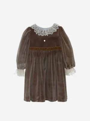 Patachou -Velvet Dress w Lace Trim - Ochre