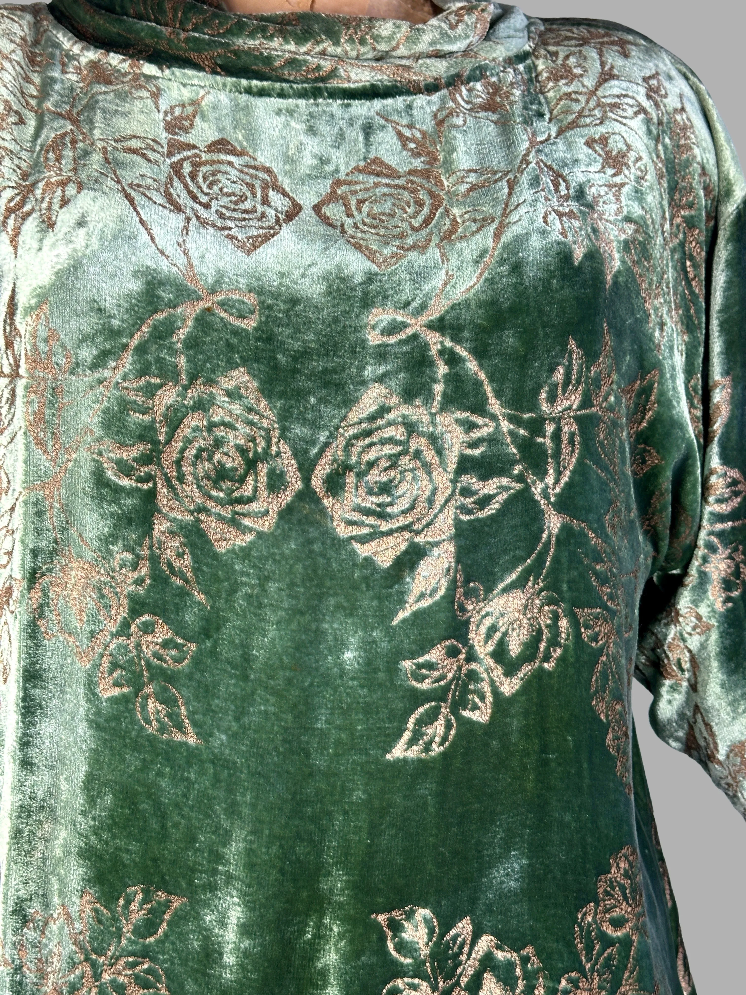PATRICIA LESTER 80s Green Silk Velvet Bias Cut Dress • Medium