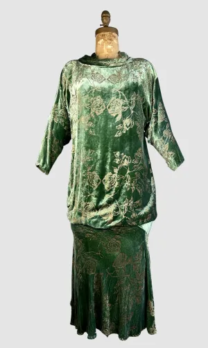 PATRICIA LESTER 80s Green Silk Velvet Bias Cut Dress • Medium