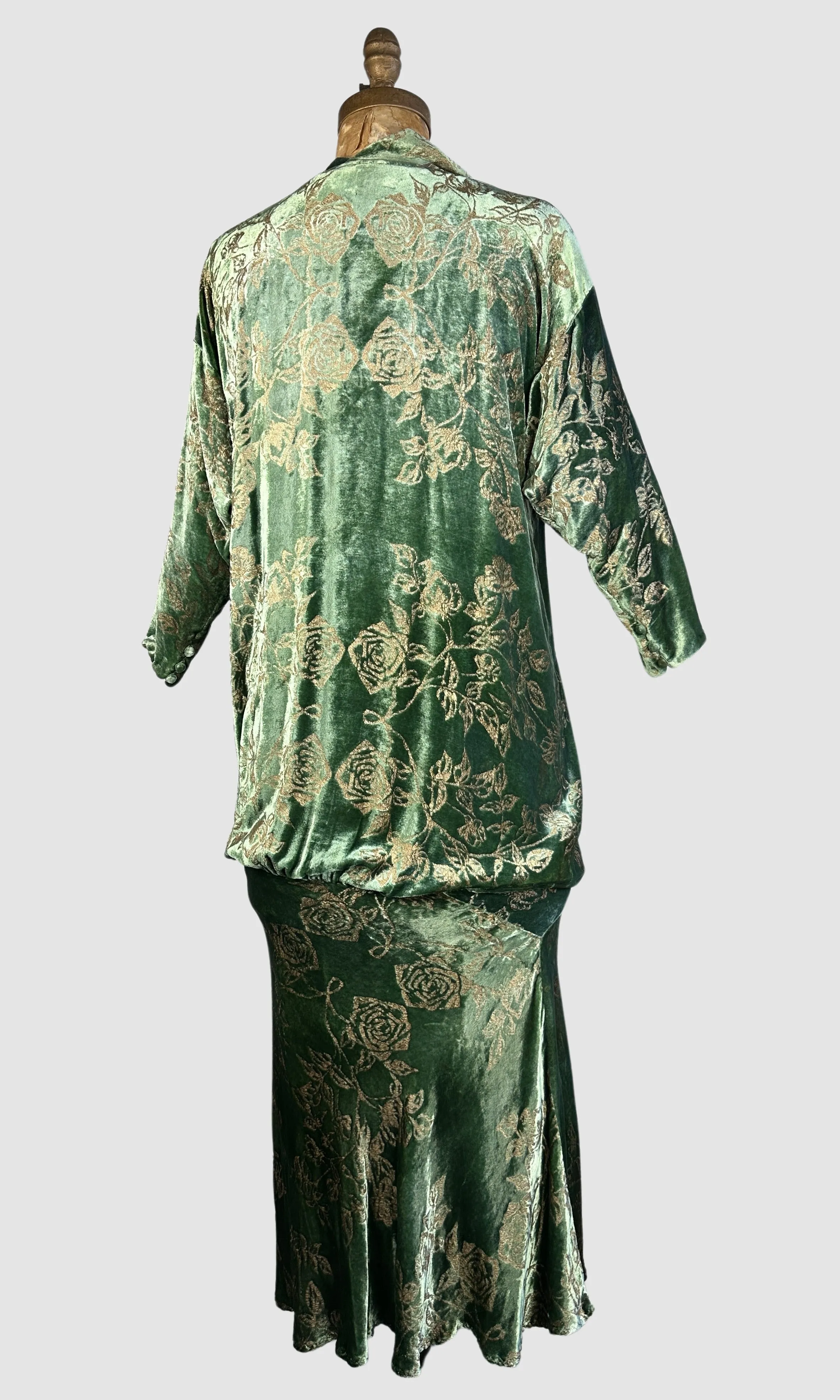 PATRICIA LESTER 80s Green Silk Velvet Bias Cut Dress • Medium