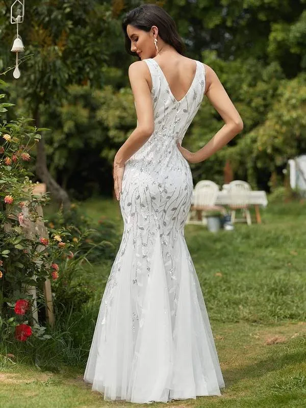 Paula tulle wedding dress with sequin leaf pattern in white Express NZ wide