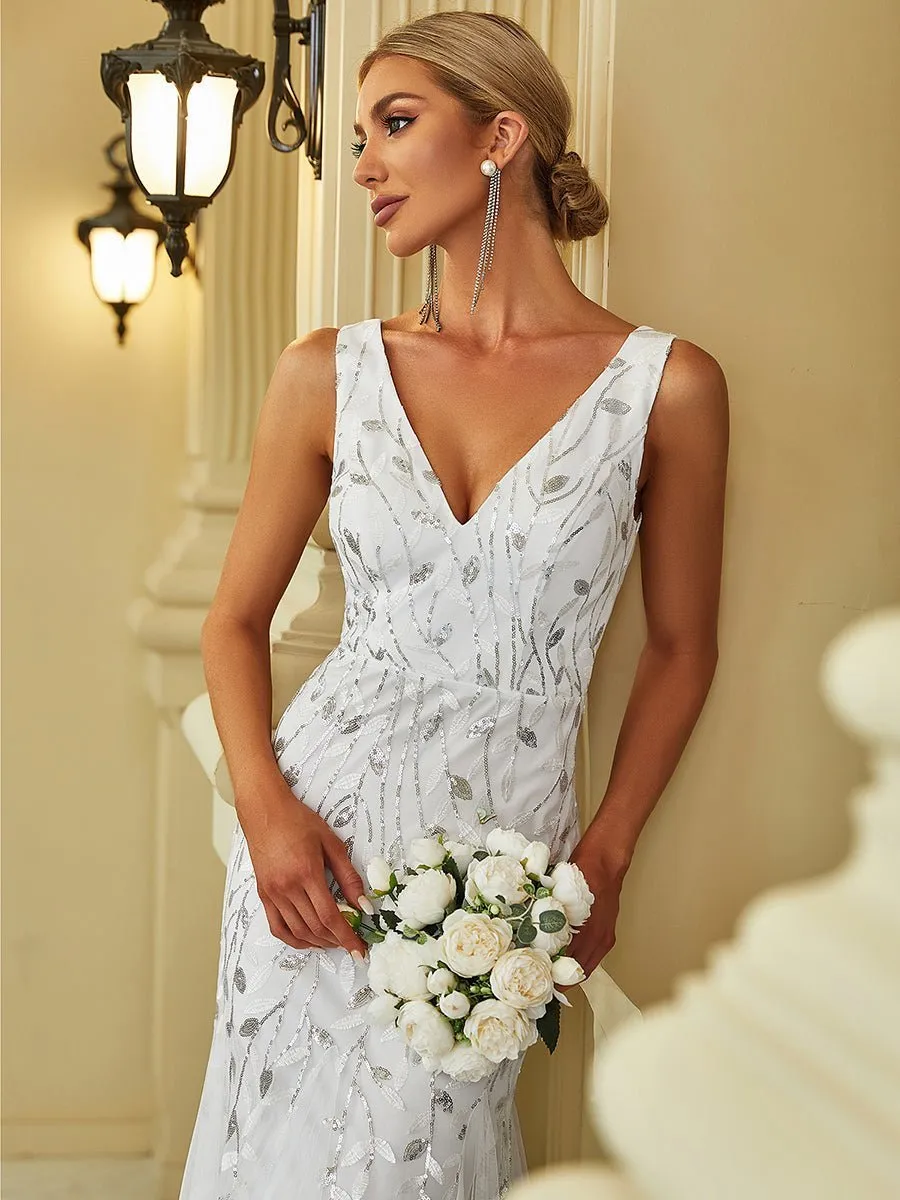 Paula tulle wedding dress with sequin leaf pattern in white Express NZ wide