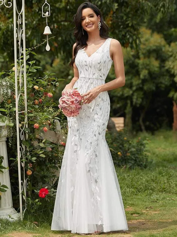 Paula tulle wedding dress with sequin leaf pattern in white Express NZ wide