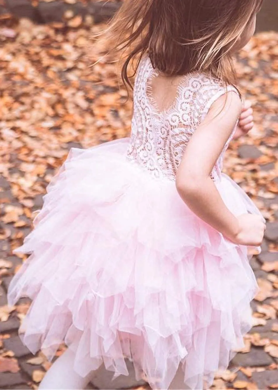Peony Lace Flower Girl Dress in All Pink (tiered)