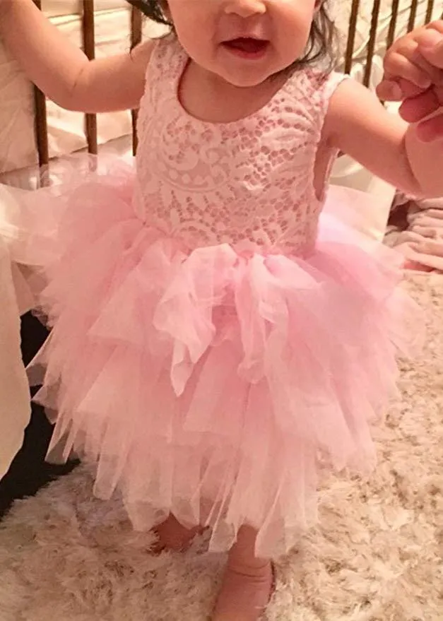 Peony Lace Flower Girl Dress in All Pink (tiered)