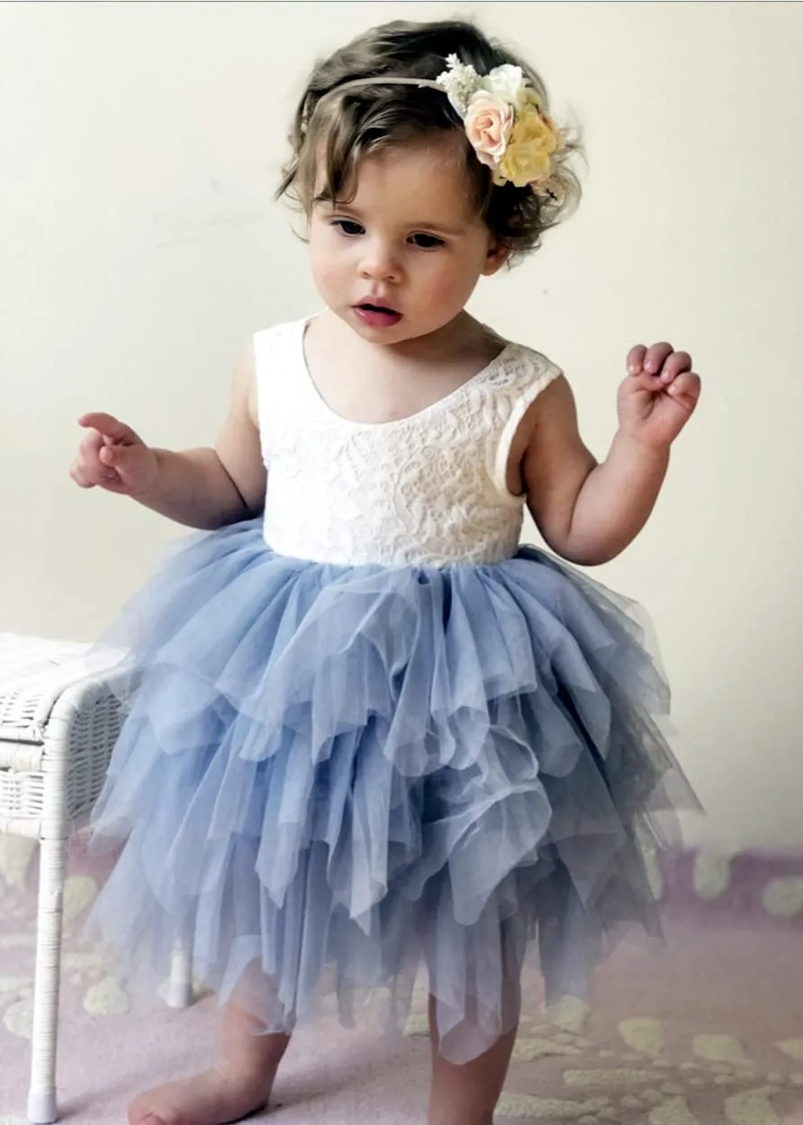 Peony Lace Flower Girl Dress in Bluish Gray (tiered)